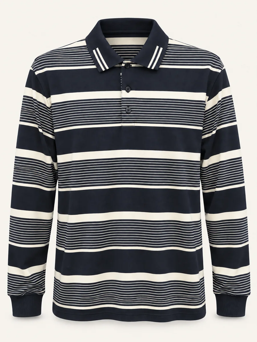 Navy and cream striped long-sleeve polo shirt on a warm off-white background