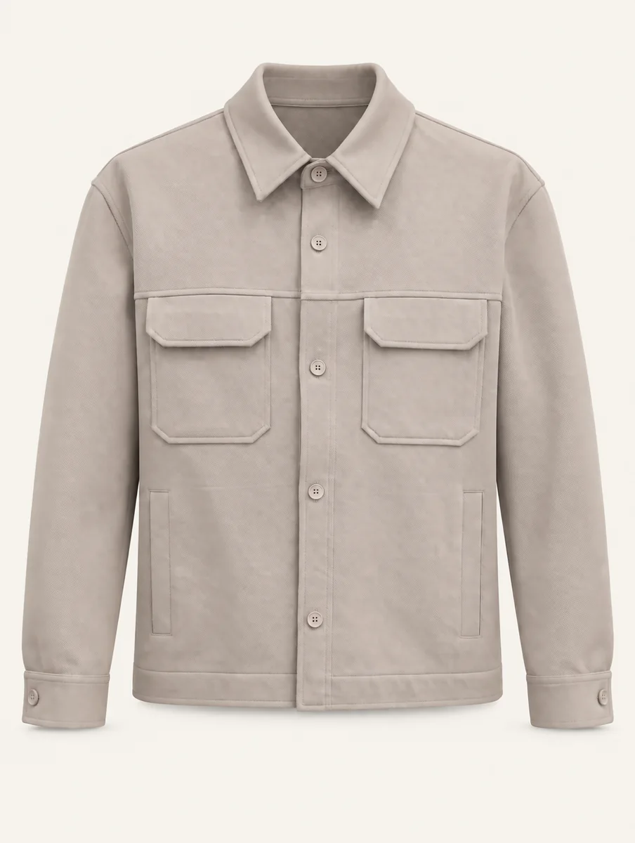 Beige utility jacket with flap pockets on a warm off-white background