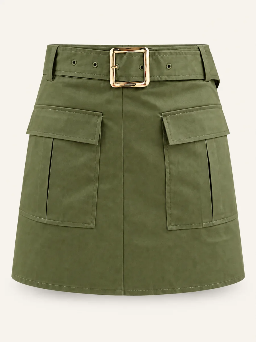 Olive utility skirt with belt and cargo pockets on a warm off-white background