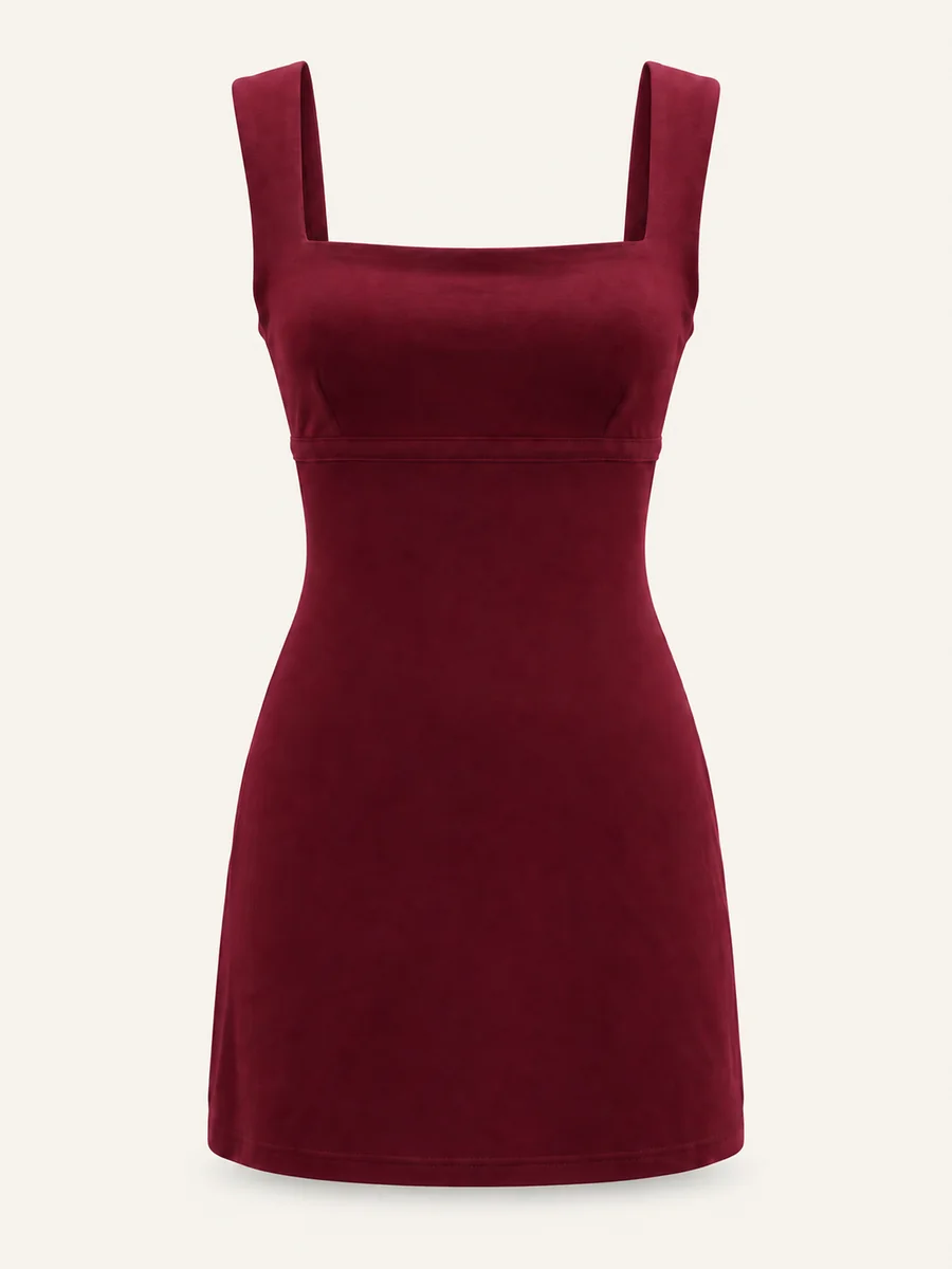 Burgundy square-neck sleeveless dress on a warm off-white background