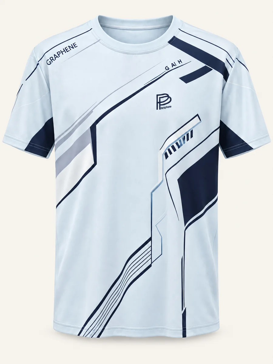Light blue performance graphic T-shirt on a warm off-white background