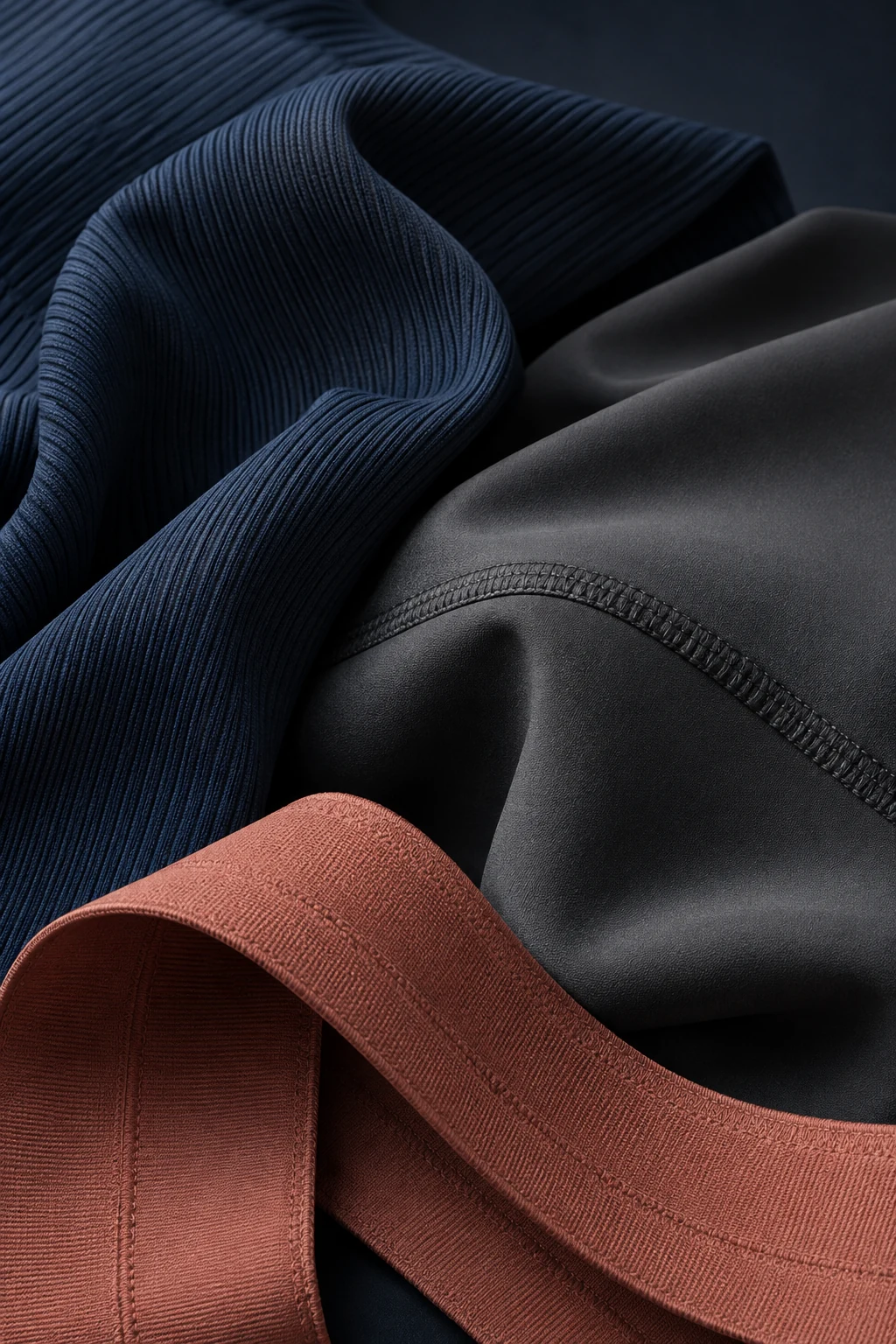 Deep navy rib knit, graphite stretch fabric and terracotta elastic
