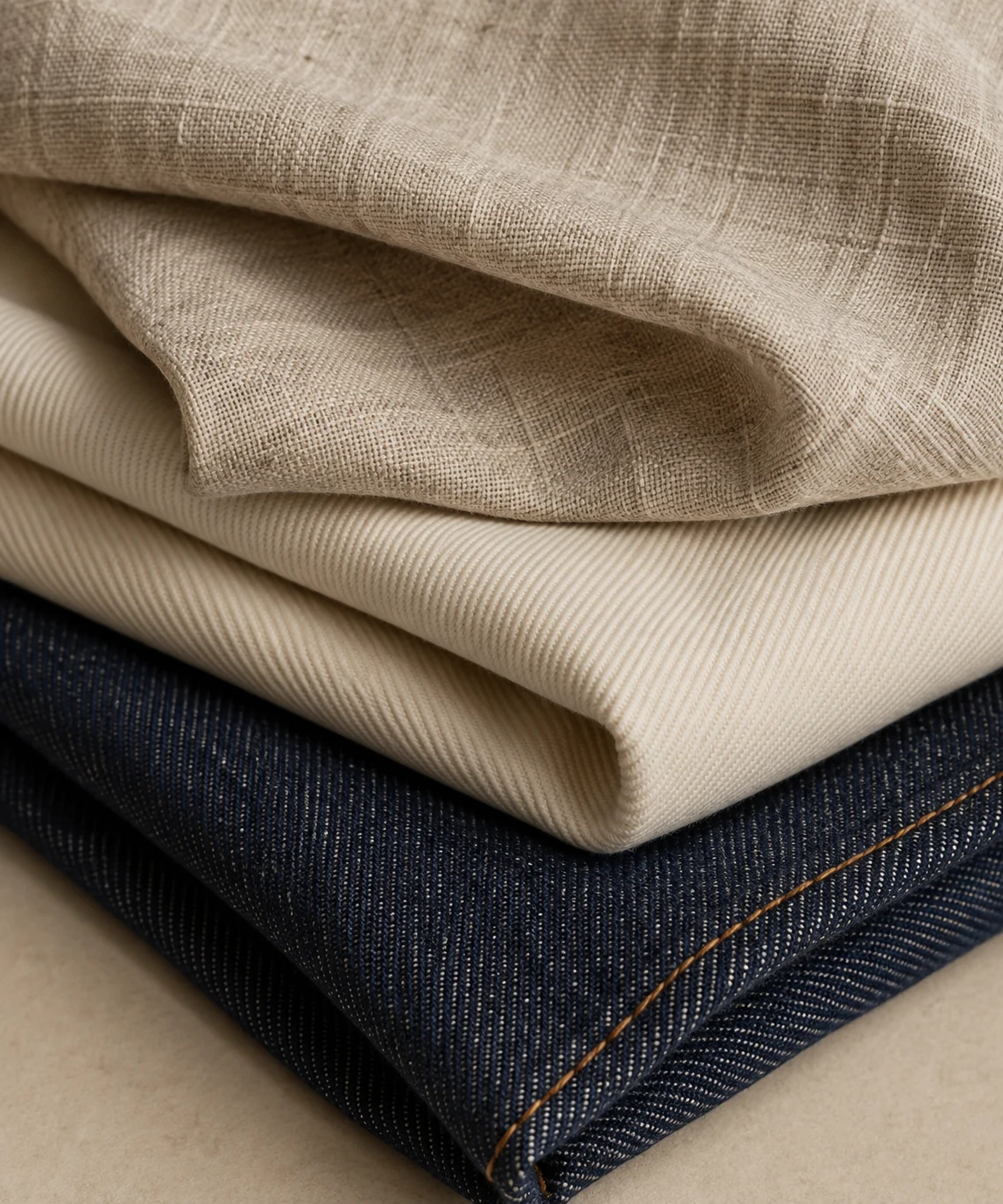 Oatmeal linen, cream twill and deep navy denim