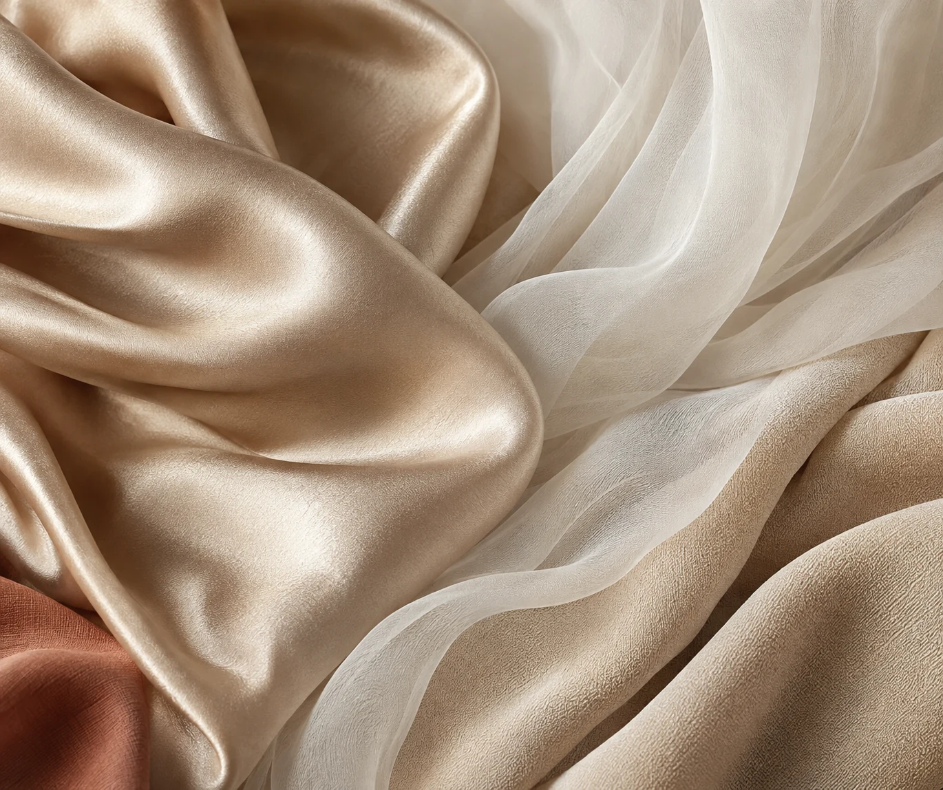 Champagne satin, ivory chiffon and crepe fabric folds